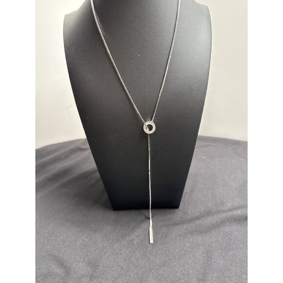 Elegant Silver Tone Lariat Love Knot Necklace With Crystal Accents - Picture 3 of 7